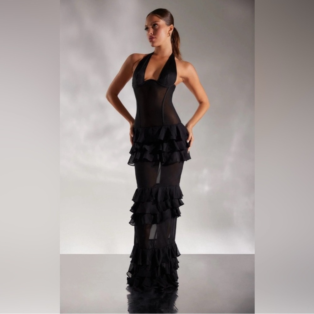 Heiress Beverly Hills Elegant Peekaboo Black Ruffled Halter Dress